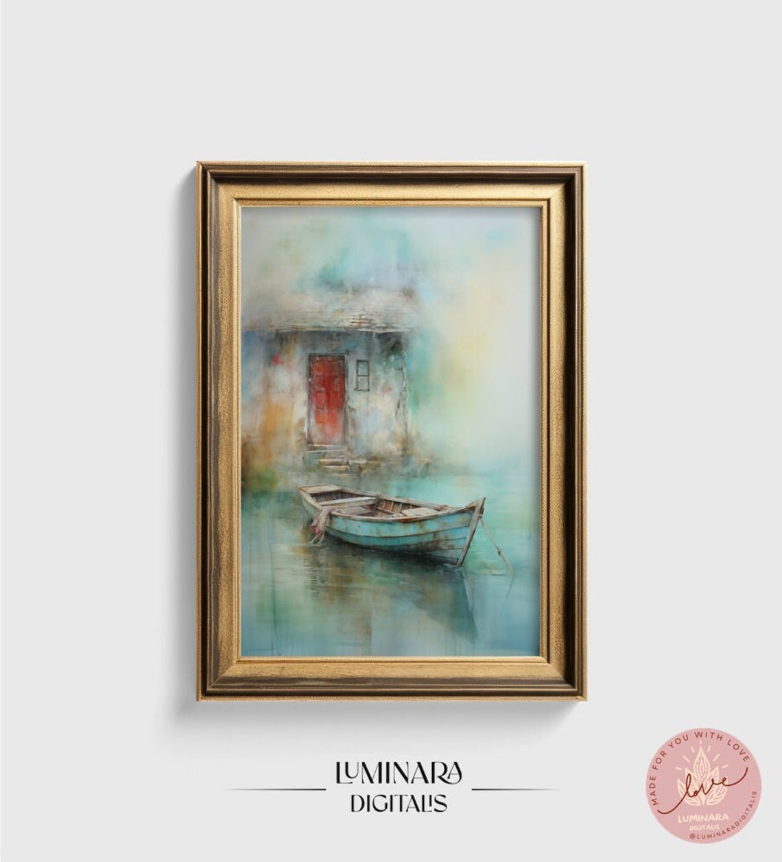 Weathered Rowboat Before A Red Door In Soft Harbor Mist Art Print