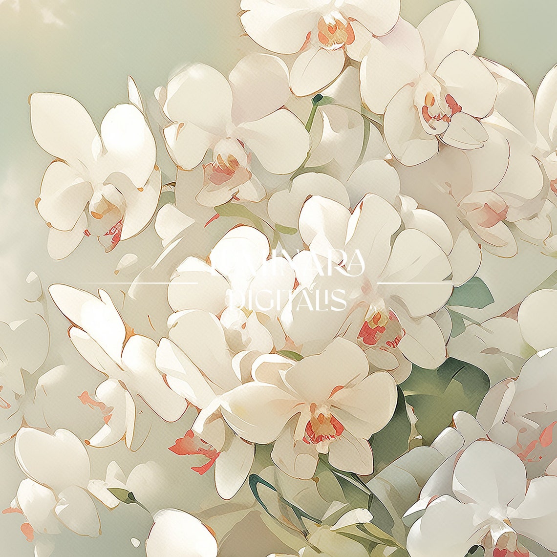 White Orchids In Glass Vases Soft Watercolor Botanical Art Print - Image 3