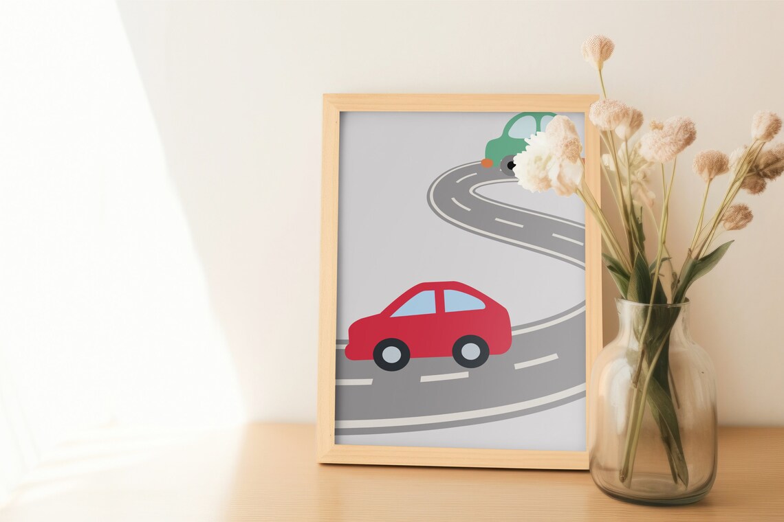 Kids Car Race Road Nursery Playroom Boys Bedroom Wall Poster
