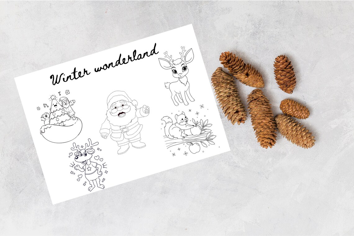 Winter Wonderland Kids Coloring Page Santa Reindeer Holiday Art Poster - Image 2