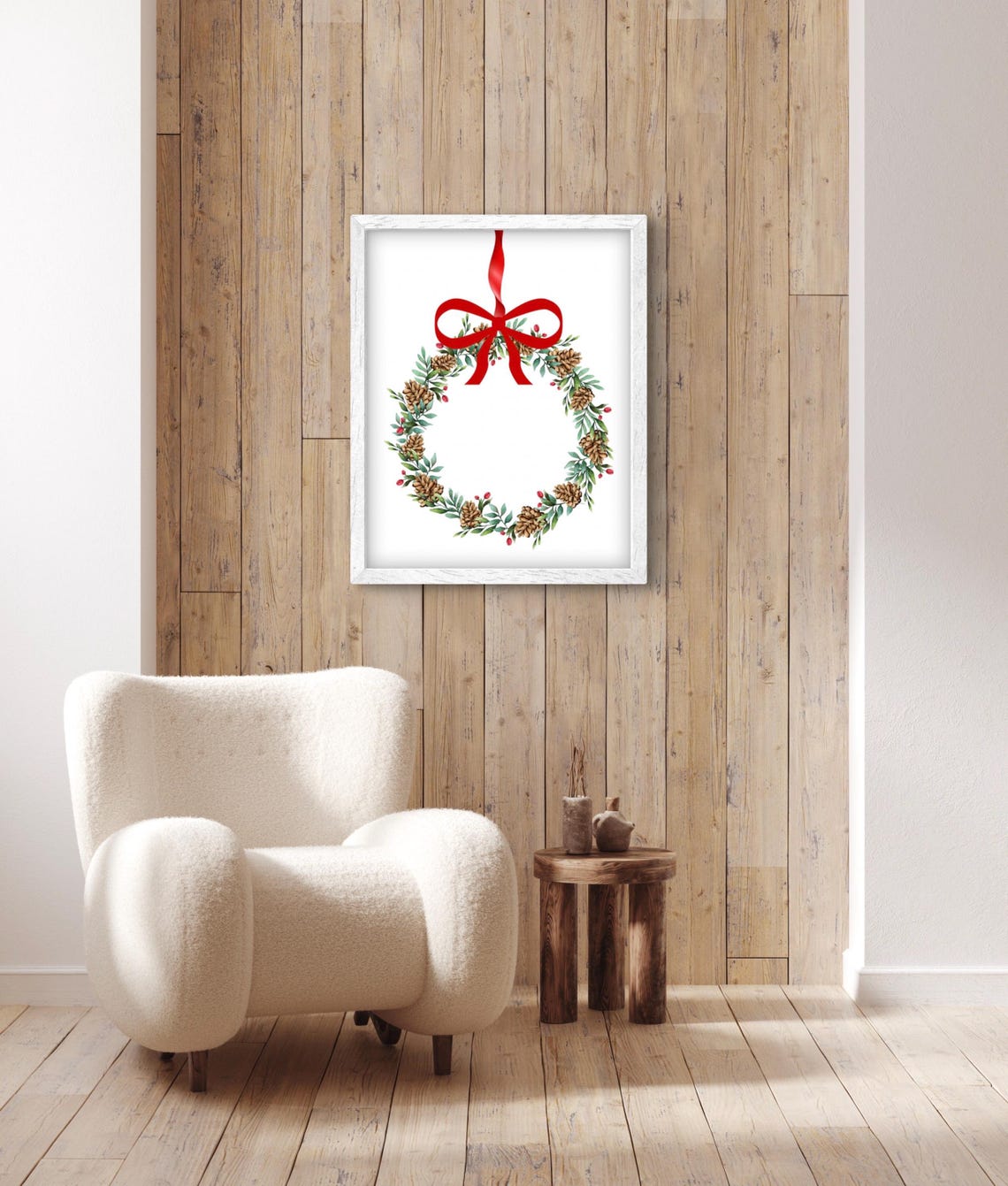 Watercolor Christmas Wreath Pinecones Red Bow Holiday Wall Poster