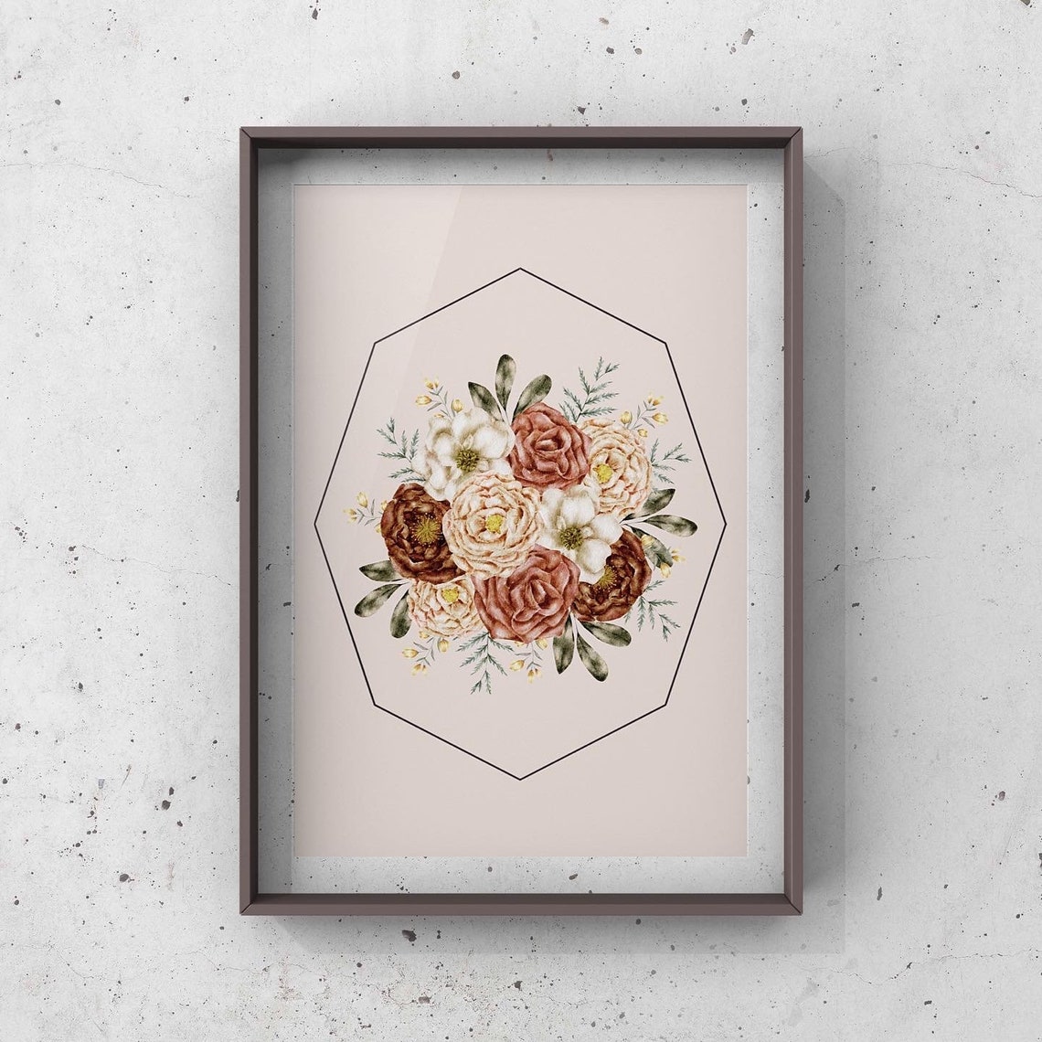 Terracotta Roses Bouquet Vintage Botanical Geometric Frame Art Poster - Image 2