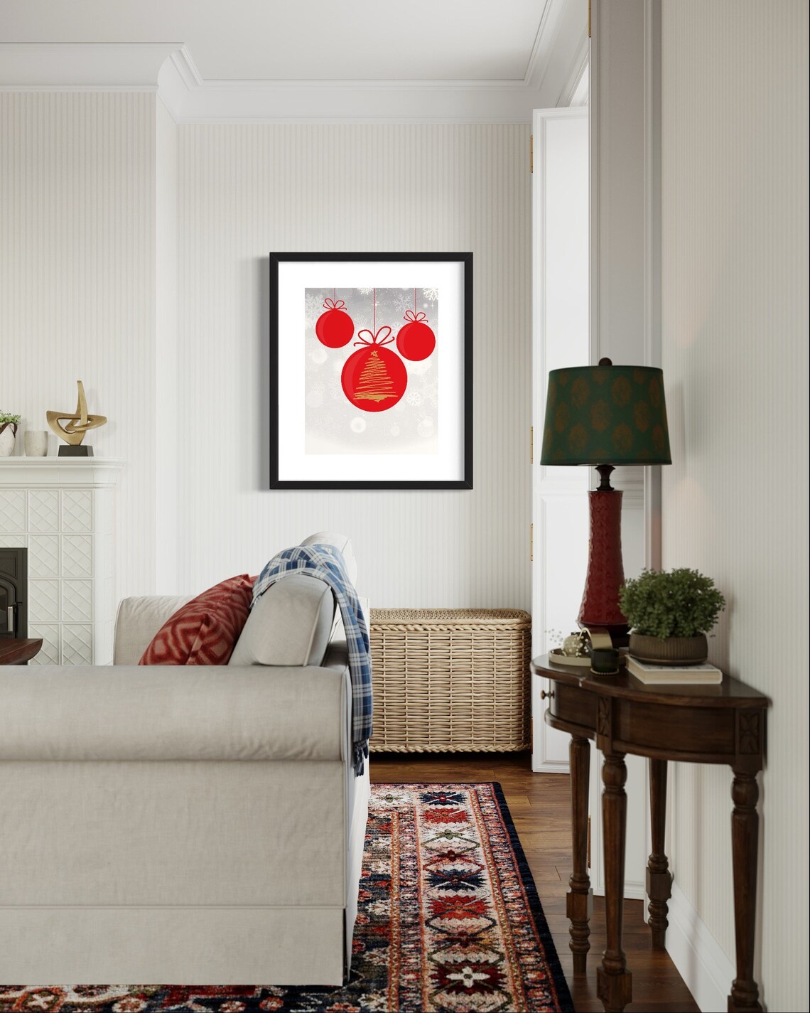 Red Christmas Ornaments Gold Tree Doodle Snowflake Winter Wall Poster - Image 3