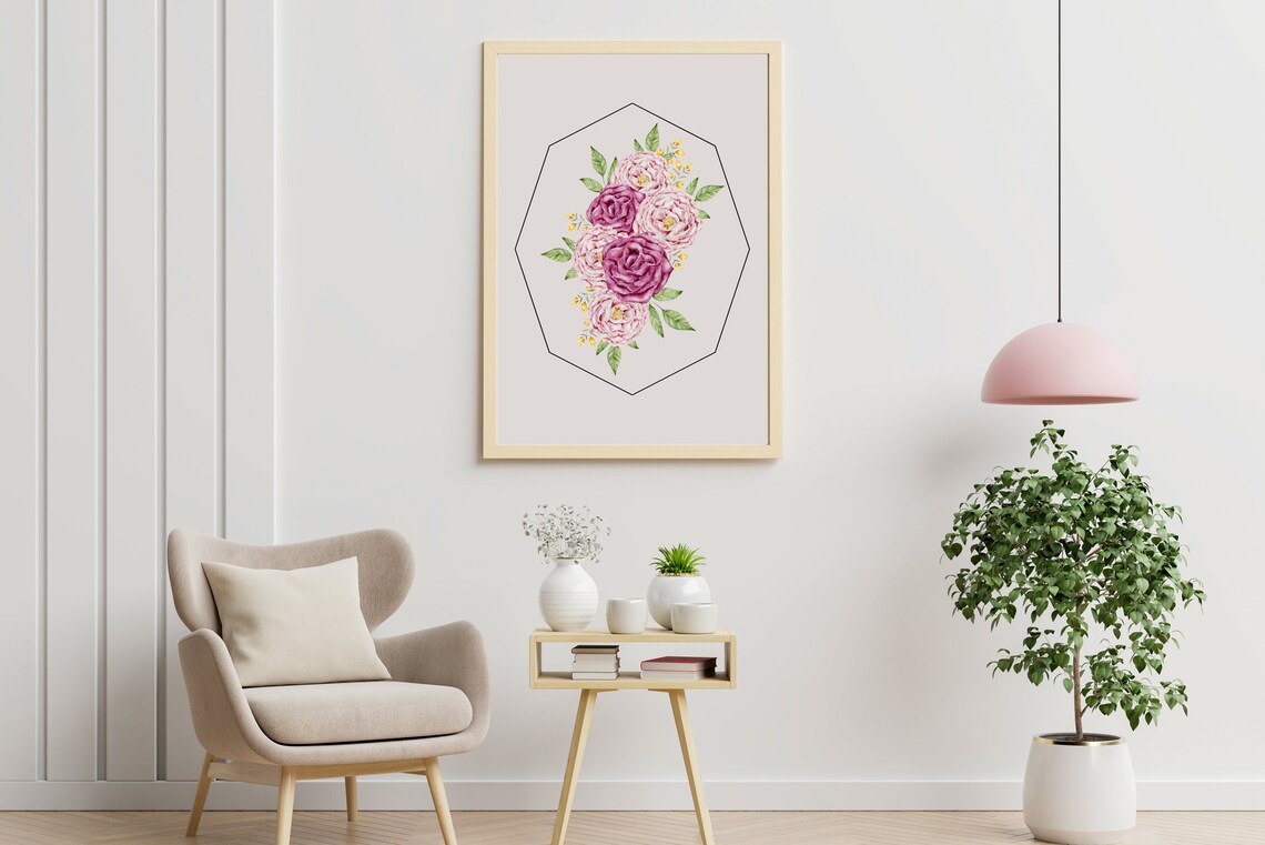 Botanical Pink Roses Floral Bouquet, Minimalist