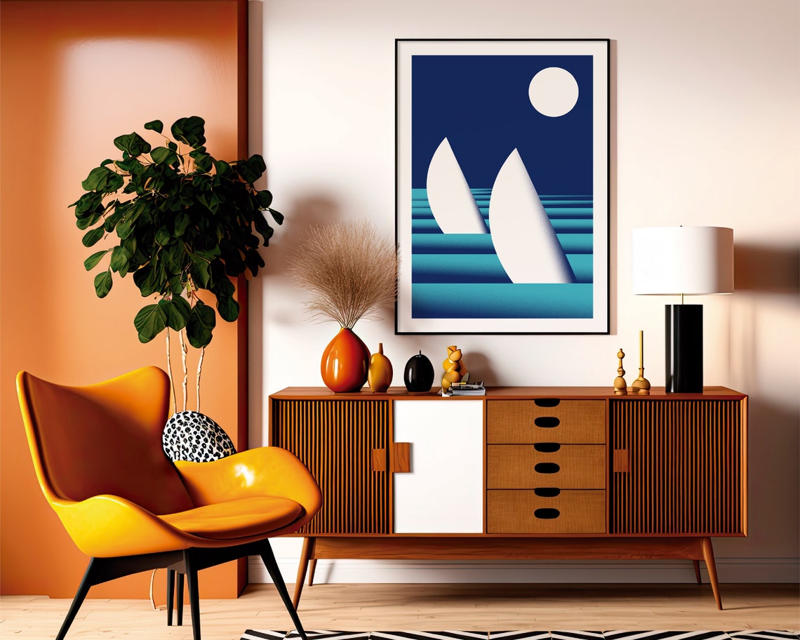 Minimalist Sailboat Nautical Geometric Blue Seascape Art Poster - Image 2