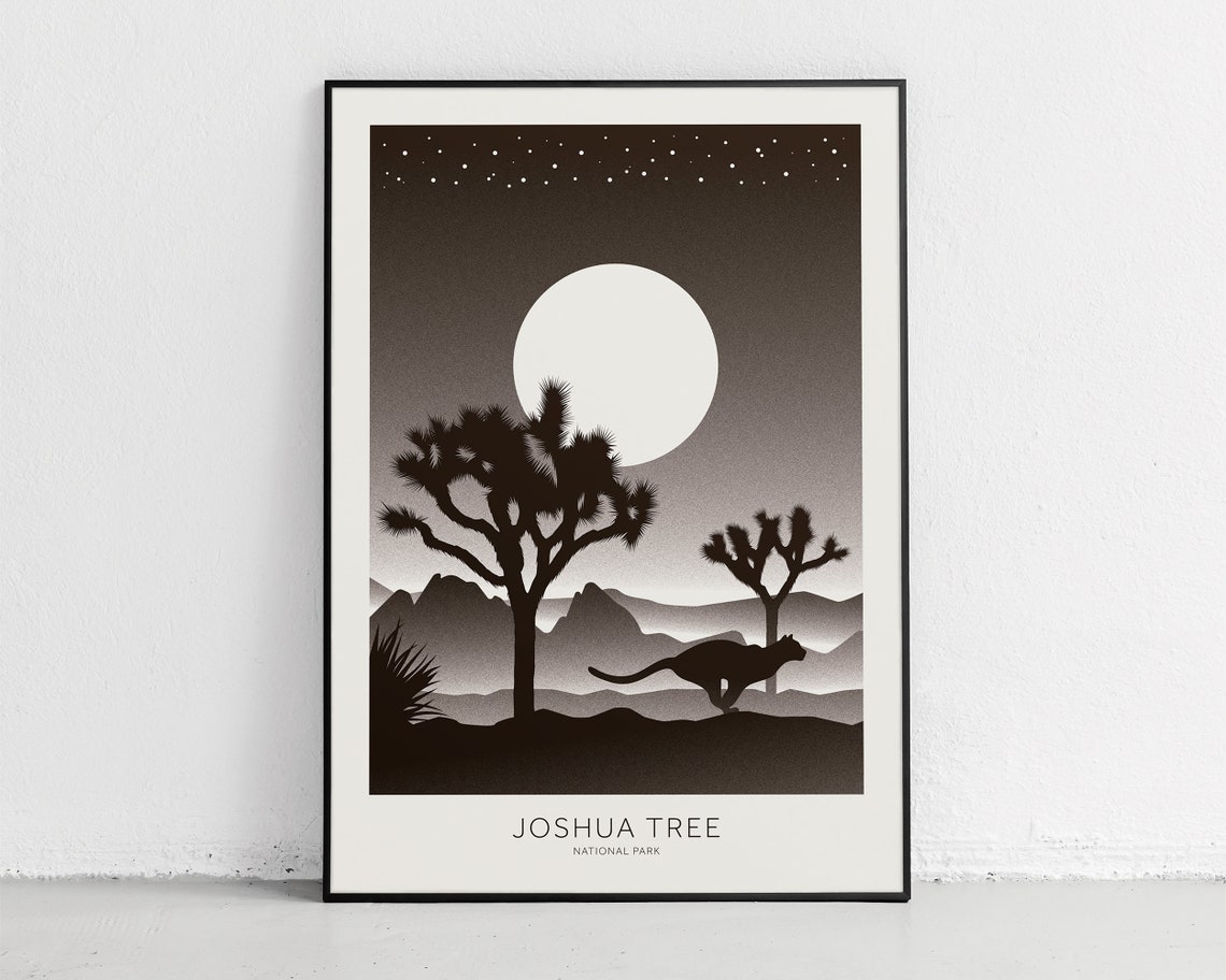 Joshua Tree National Park Black White Moon Silhouette Travel Poster