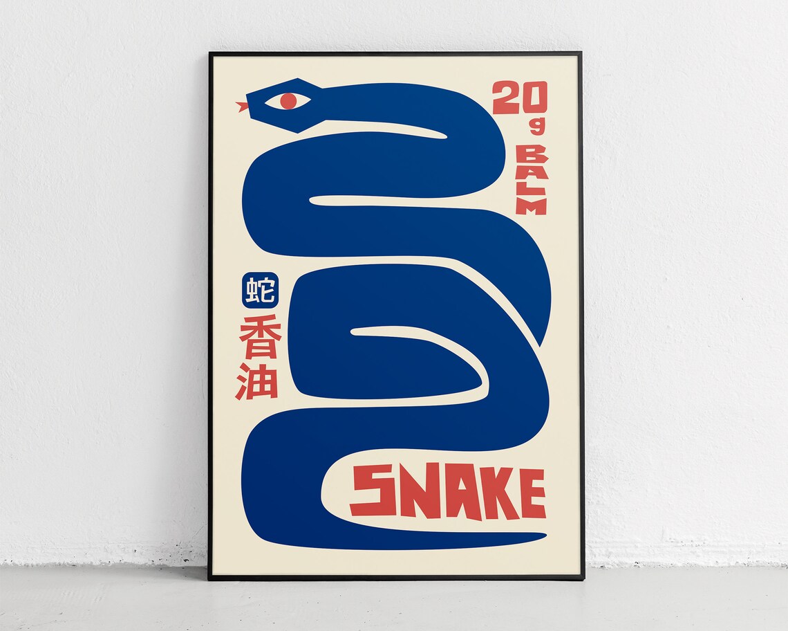 Blue Snake Japanese Wall Art, Vintage Minimalist Print