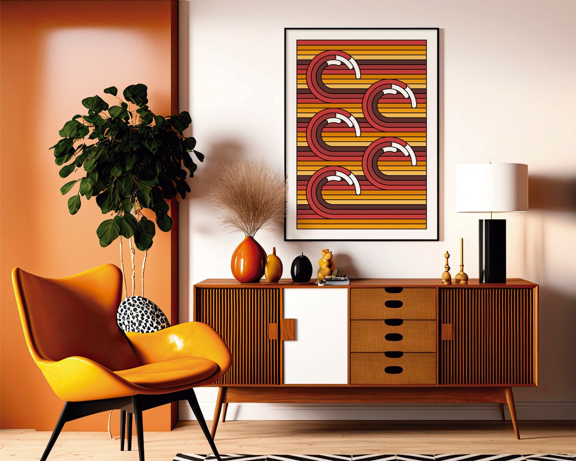 Big Sunset Waves Retro Stripe Ocean Surf Warm Coastal Art Poster - Image 2