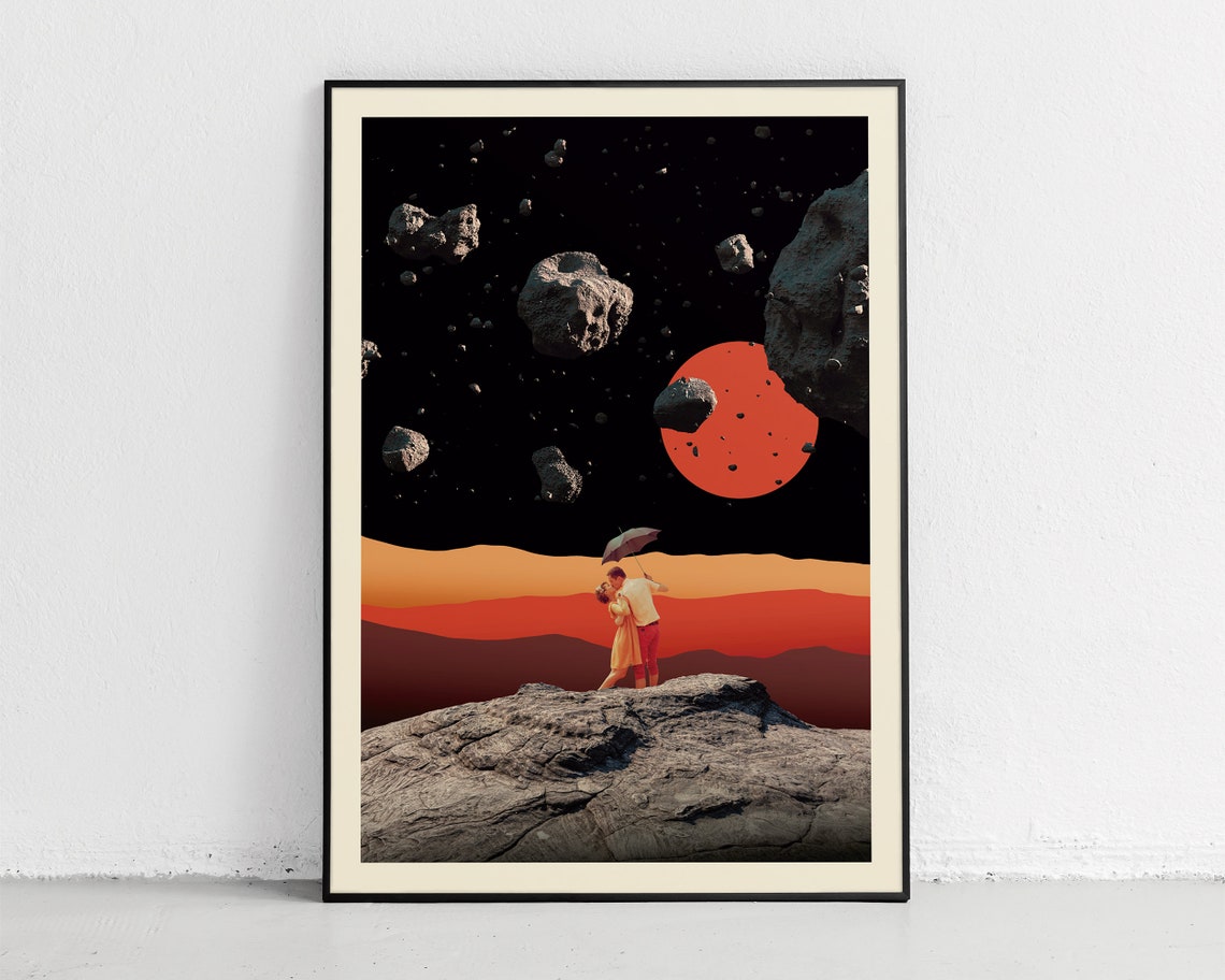 Surreal Space Romance Couple Asteroids Retro Futuristic Art Poster