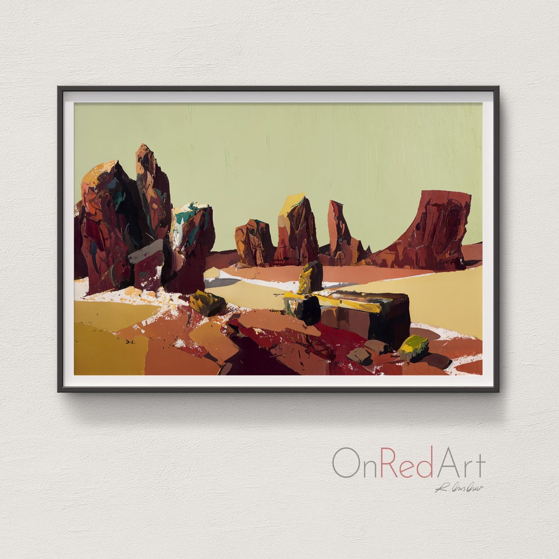 Abstract Desert Landscape Art Print Minimalist Rock Forms Green Sky