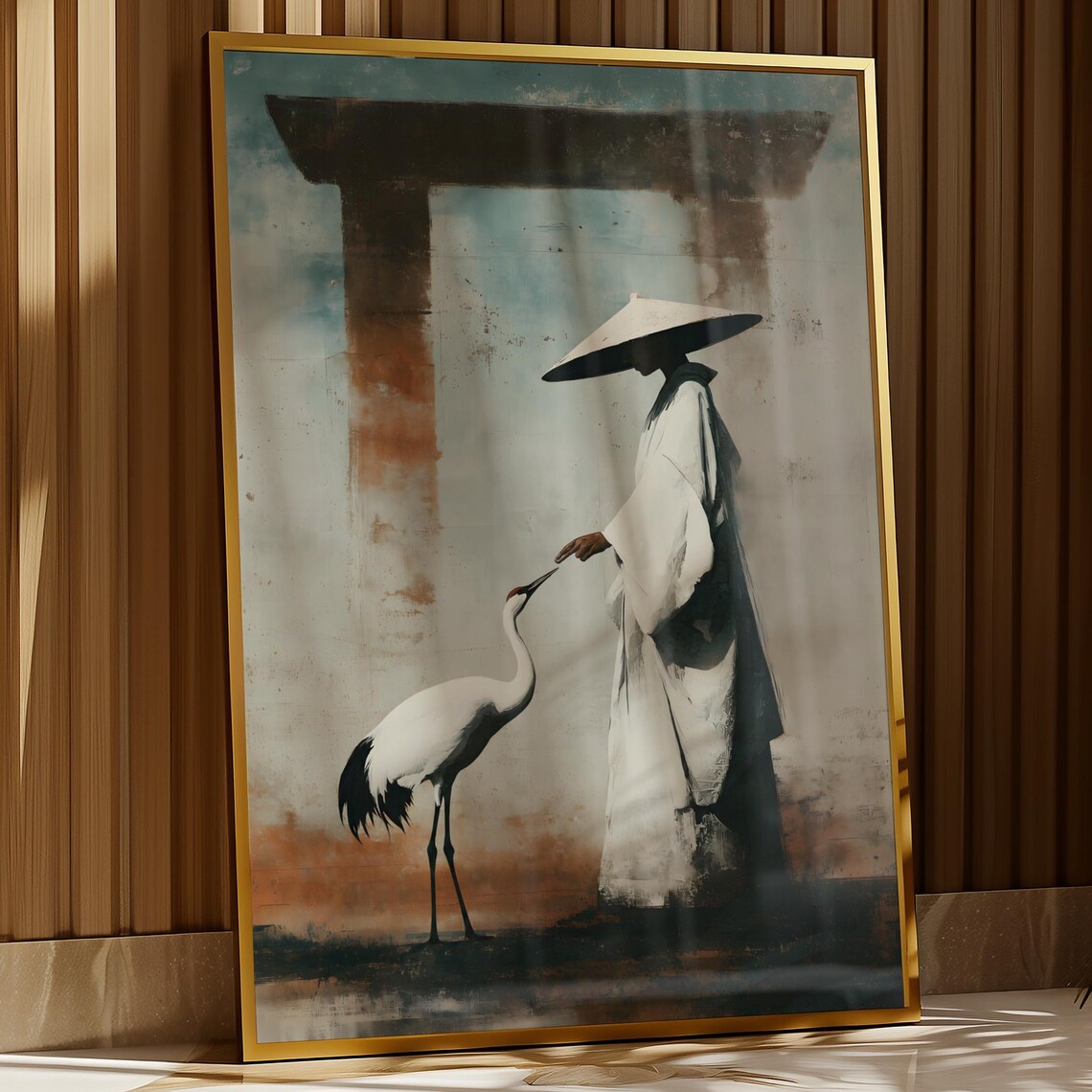 Japandi Crane Bird Zen Figure Torii Gate Minimalist Wall Art
