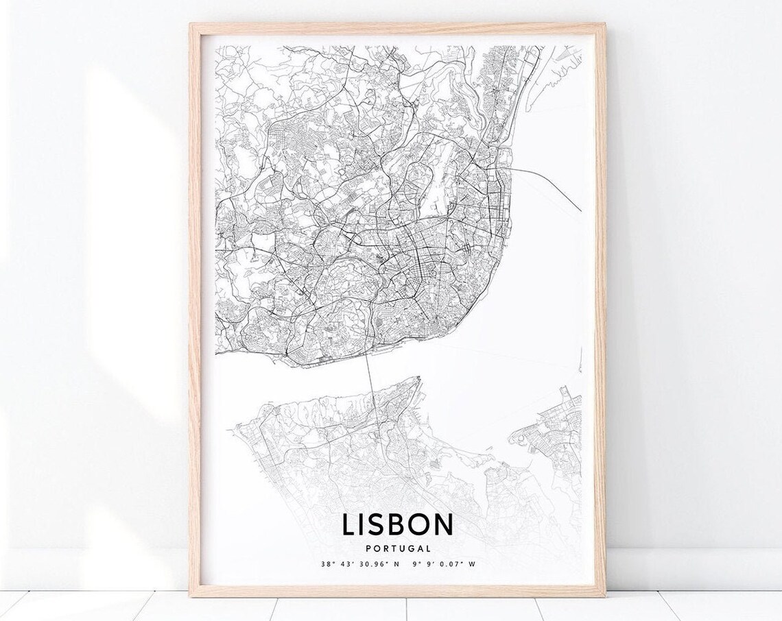 Lisbon Portugal City Street Map Black White Minimalist Wall Art