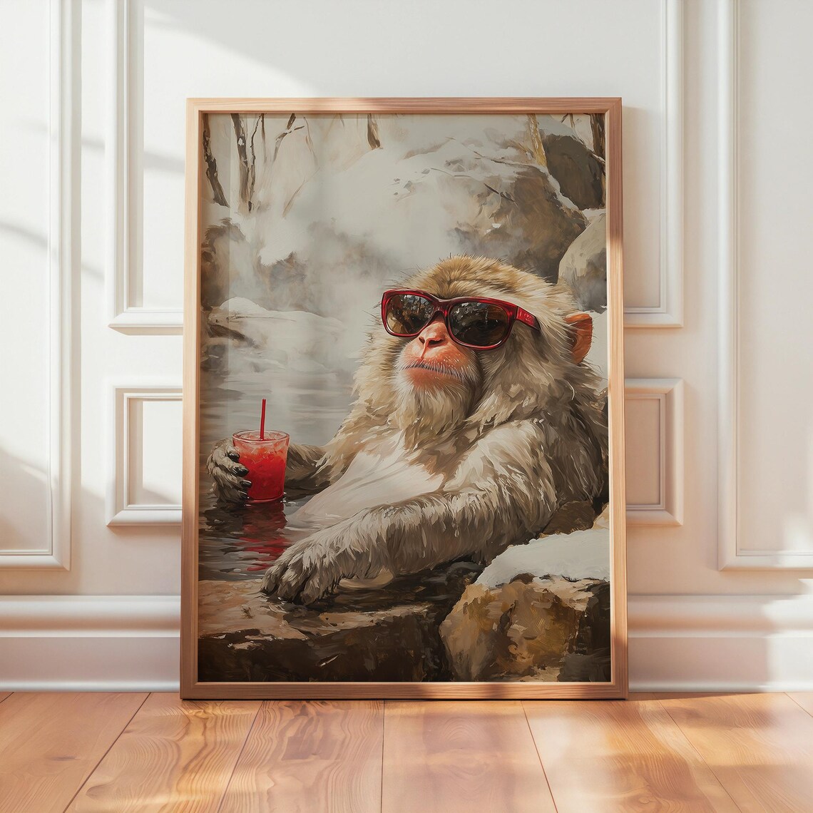 Snow Monkey Wall Art Funny Bathtub Print Japanese Monkeys Artwork Arctic Decor Oilpaint Style Poster
