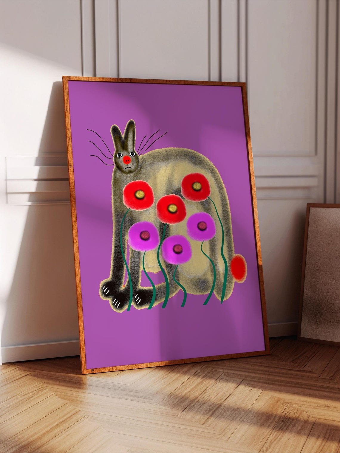 Whimsical Bunny with Red Poppies on Purple Bold Kids Art Poster