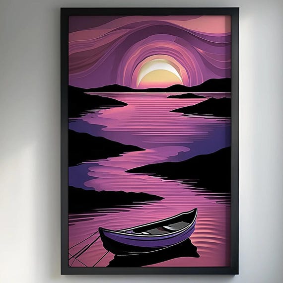 Mystical Lake Sunset Poster, Dreamlike Landscape