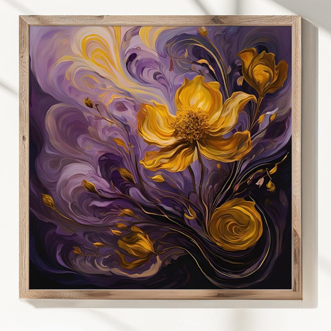 Golden Violet Flower Art Print, Elegant Floral Poster