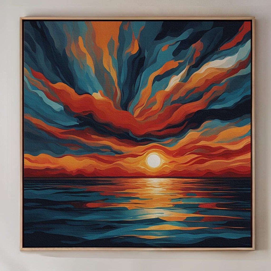Ocean Sunset Dramatic Orange Teal Sky Waves Seascape Art Poster