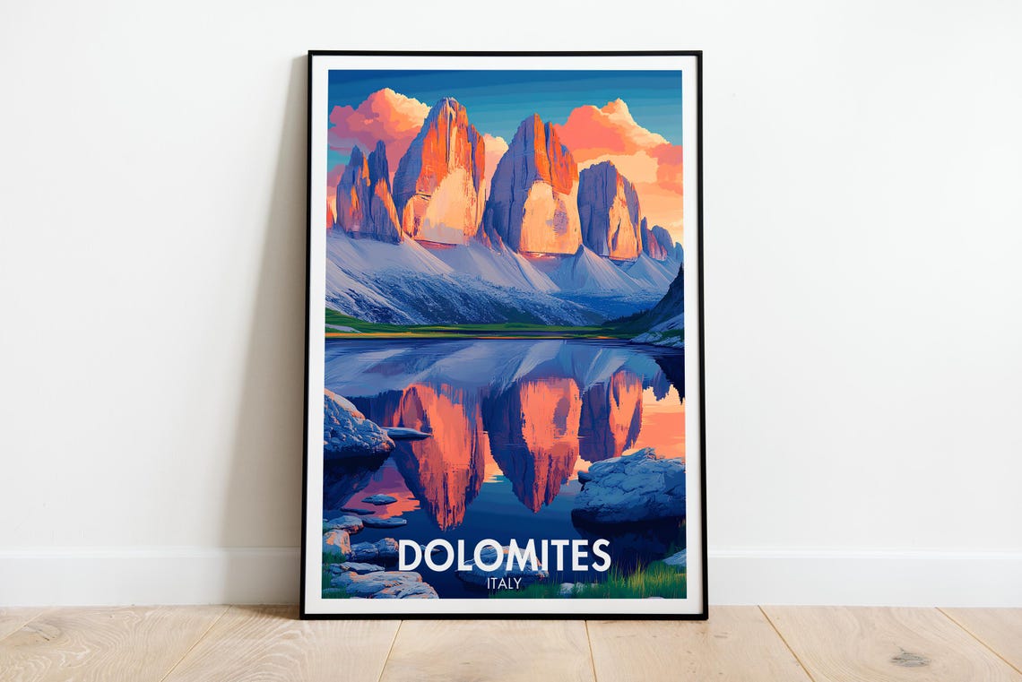 Dolomites Italy Tre Cime Sunset Mountain Lake Reflection Travel Poster