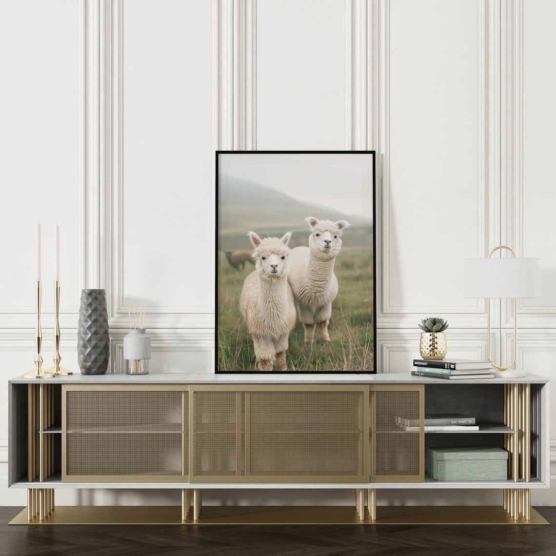White Alpacas in a Misty Morning Meadow Vintage Style Art Poster - Image 5