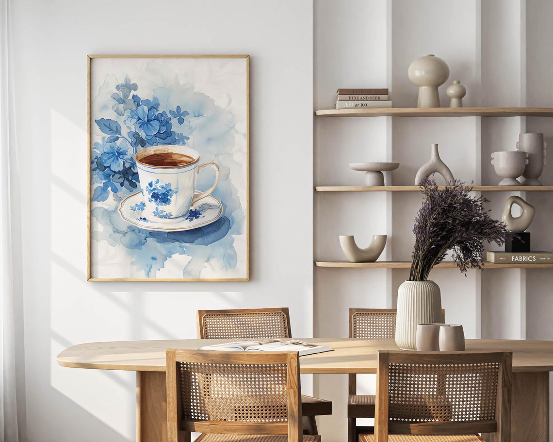 Delicate Blue Watercolor Teacup with Floral Tea Still Life Poster - Image 2
