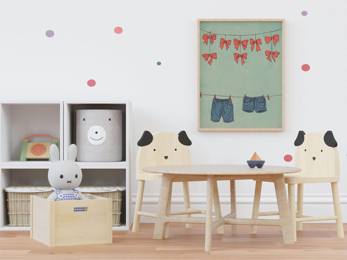 Red Bows and Denim Shorts Hanging on a Clothesline Kids Art Poster - Image 2