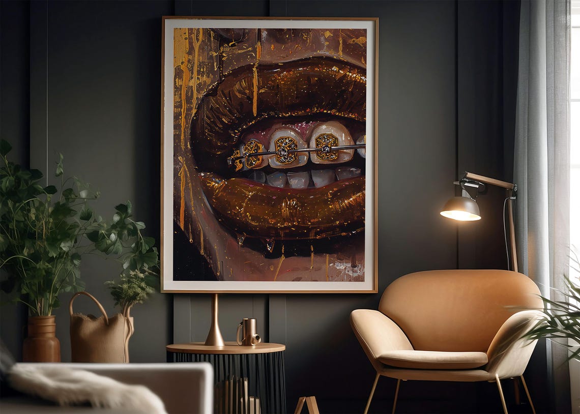 Bronze Lips with Gold Tooth Grill Dripping Paint Art Portrait Poster - Image 2