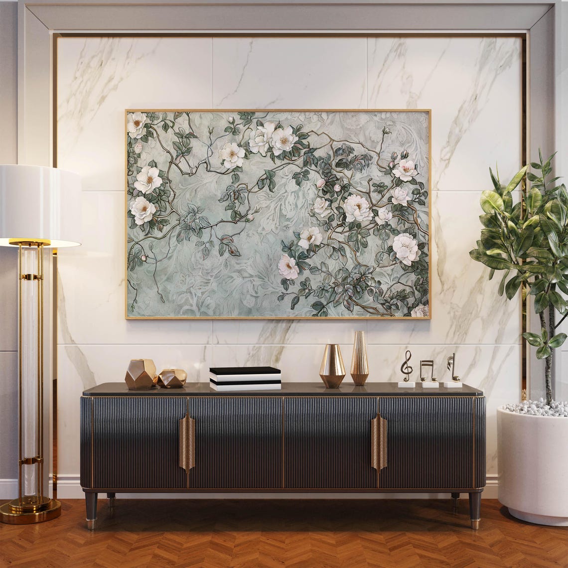 White Rose Vine Trailing Across Soft Sage Vintage Botanical Poster - Image 3
