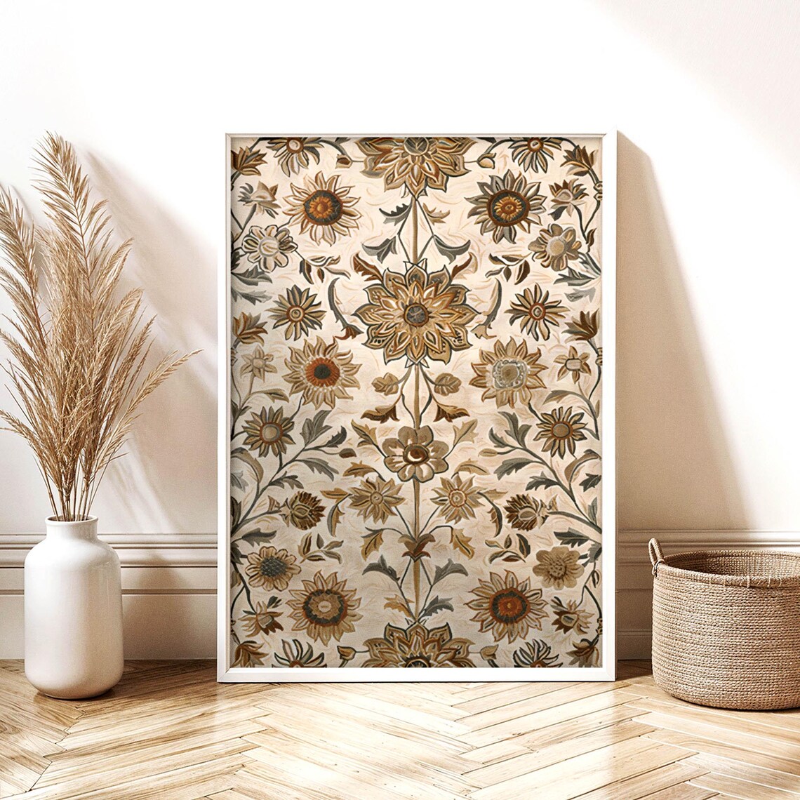 Golden Symmetrical Sunflower Tapestry in William Morris Style Poster