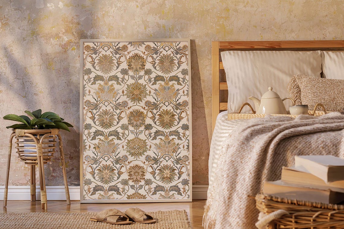 Sage and Olive Botanical Tapestry With Symmetrical Blooms Poster - Image 3