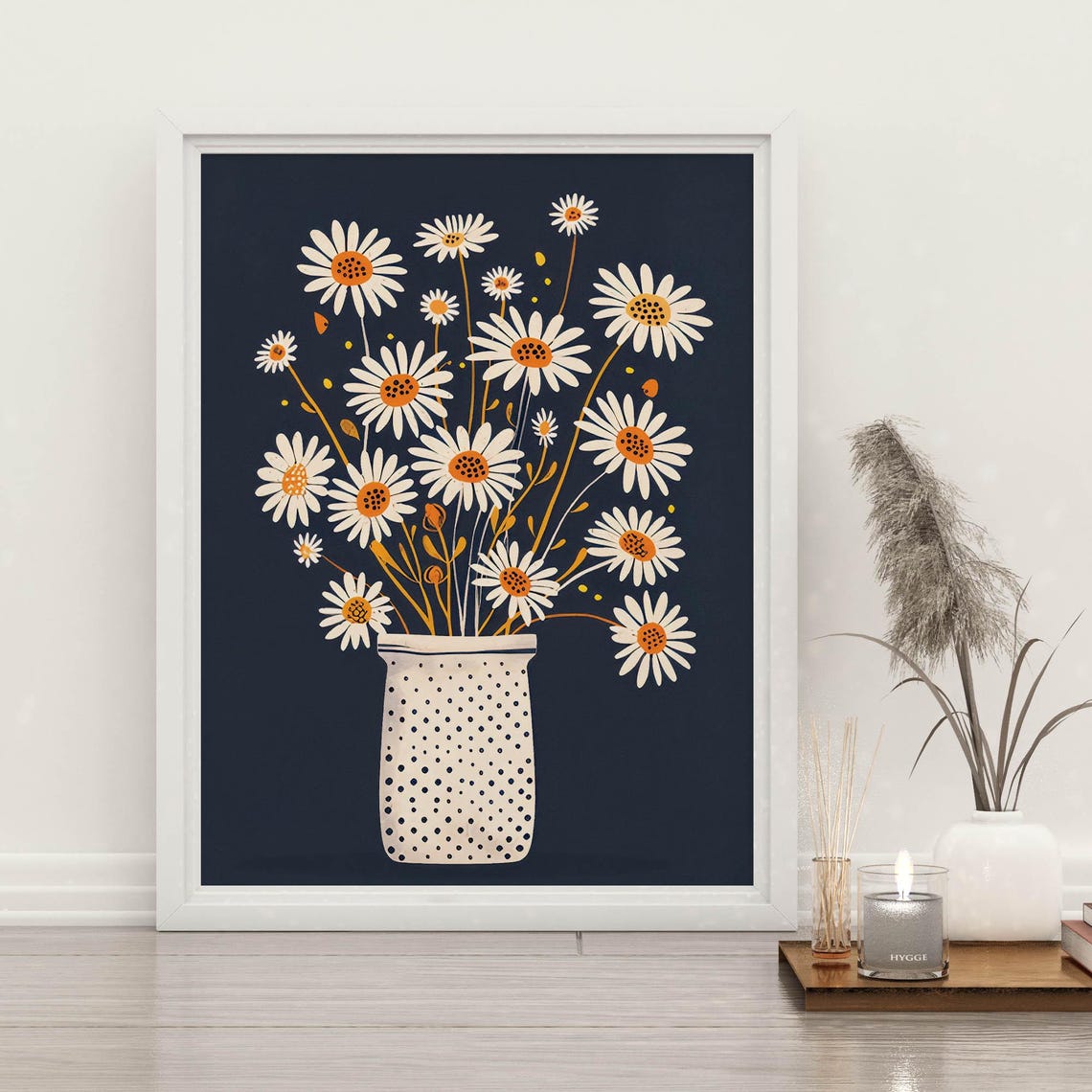 Chamomile Daisies in Polka-Dot Vase on Dark Navy Floral Poster
