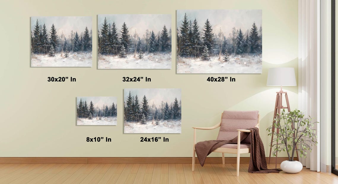 Snowy Pine and Birch Winter Woodland Watercolor Landscape Poster - Image 2