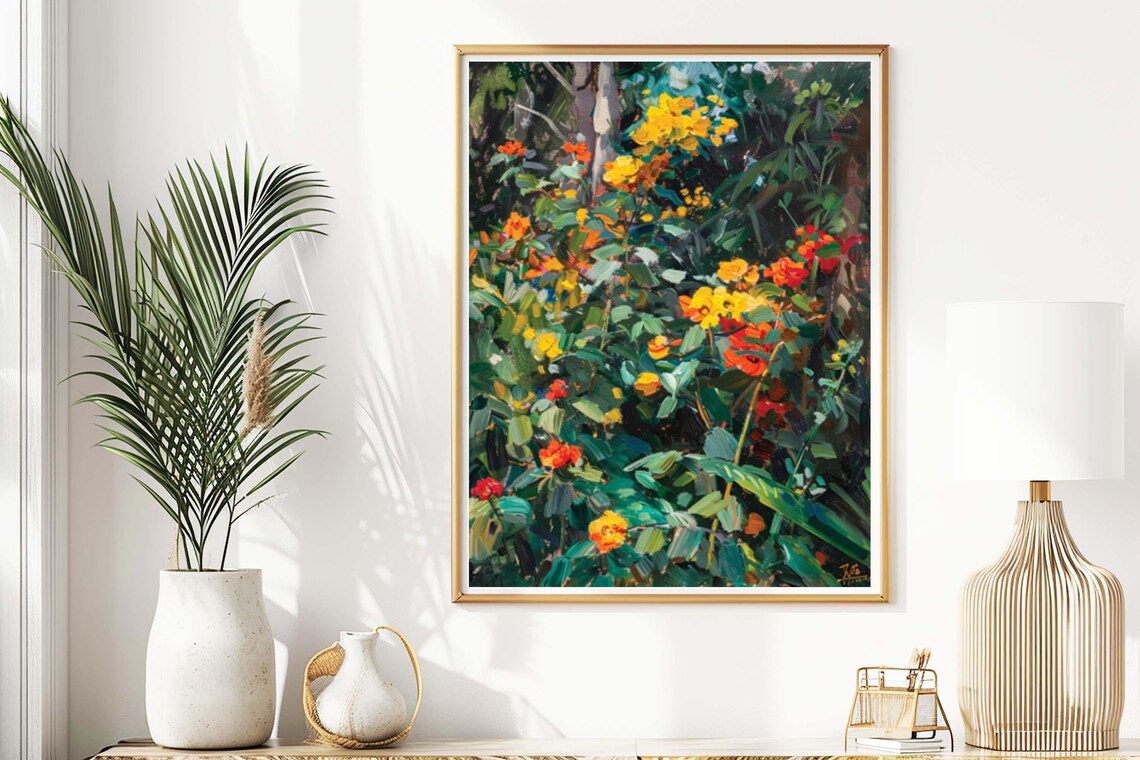 Lush Garden Blooming with Yellow and Red Flowers Oil Painting Poster - Image 4