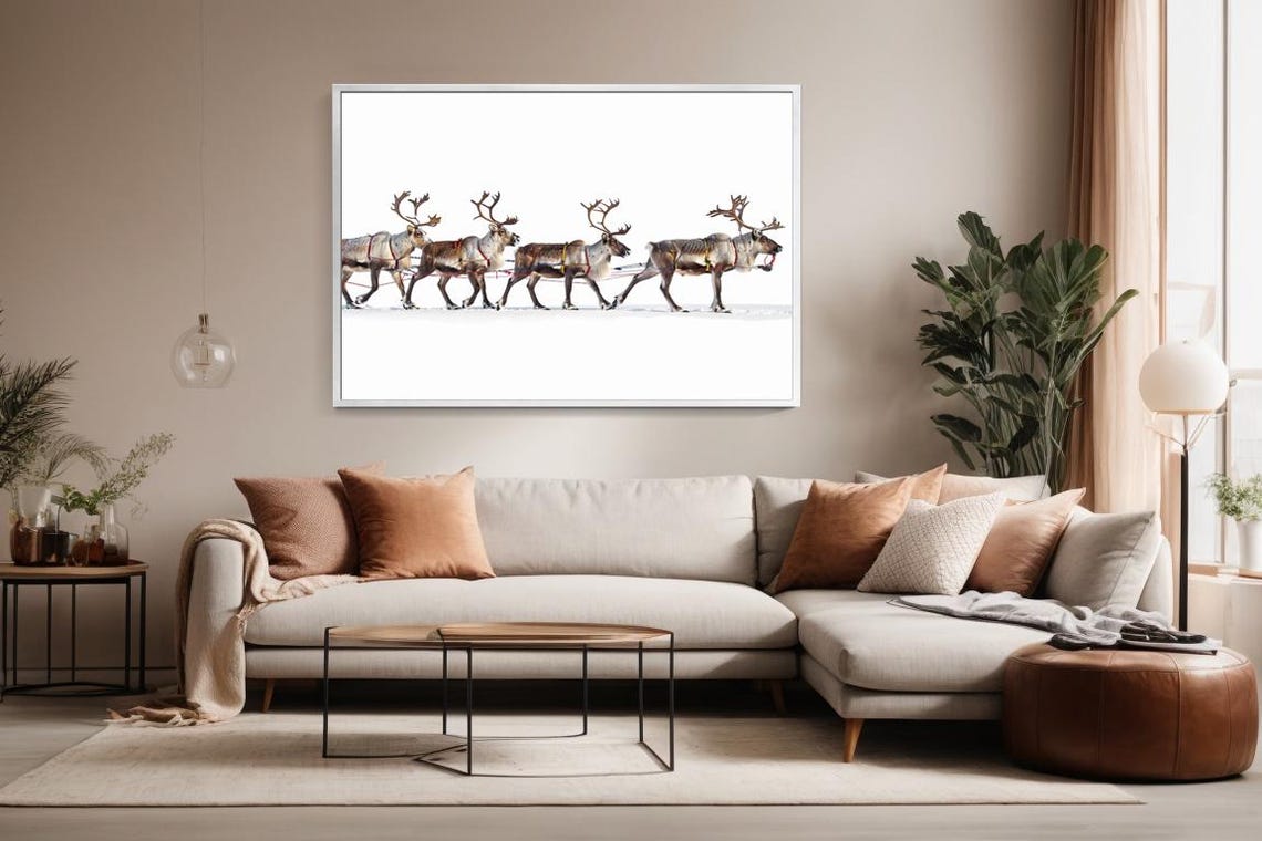 Four Reindeer Walking in a Row Across the Snowy Tundra Poster - Image 5