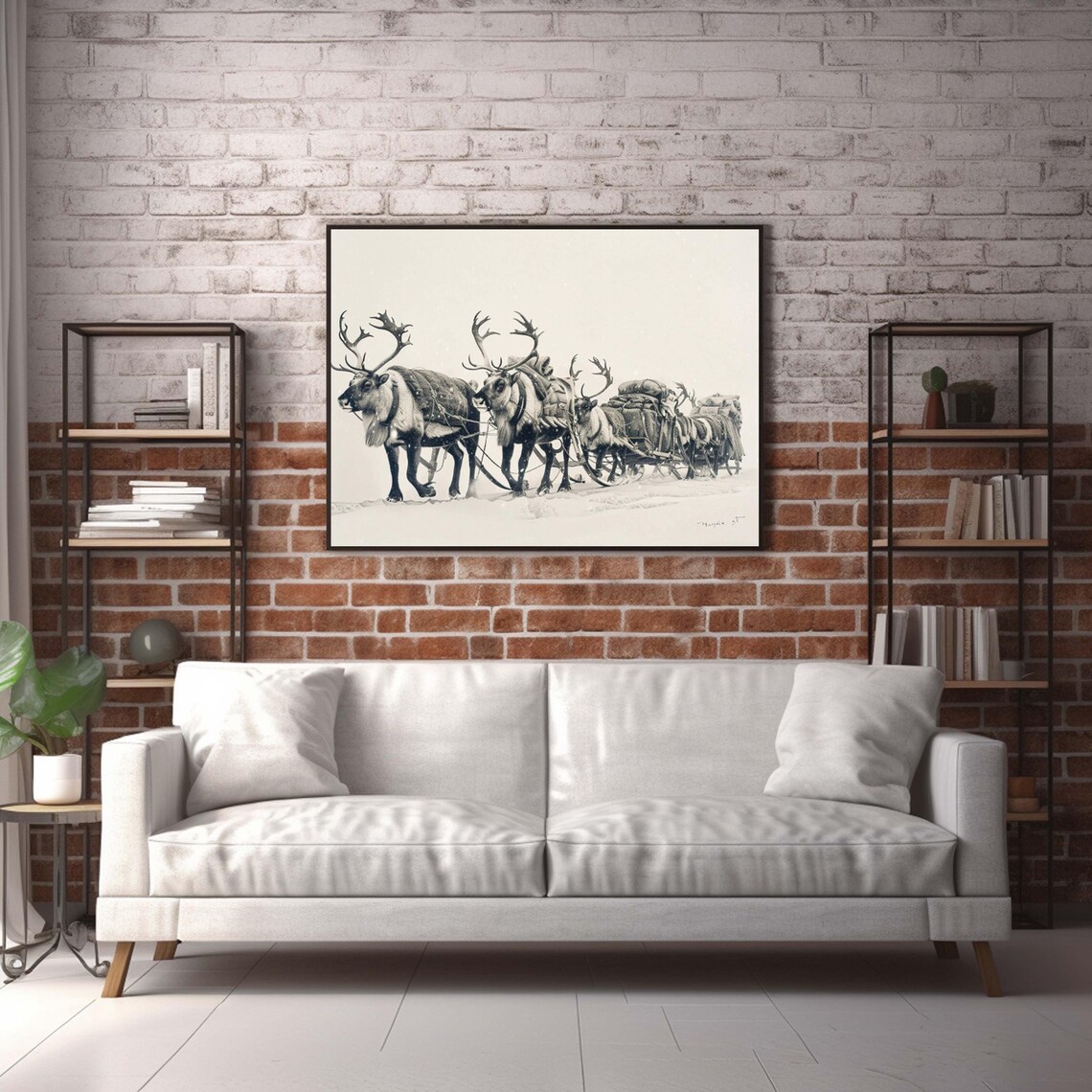 Reindeer Sledge Team Crossing Snowy Wilderness Sketch Art Poster - Image 6