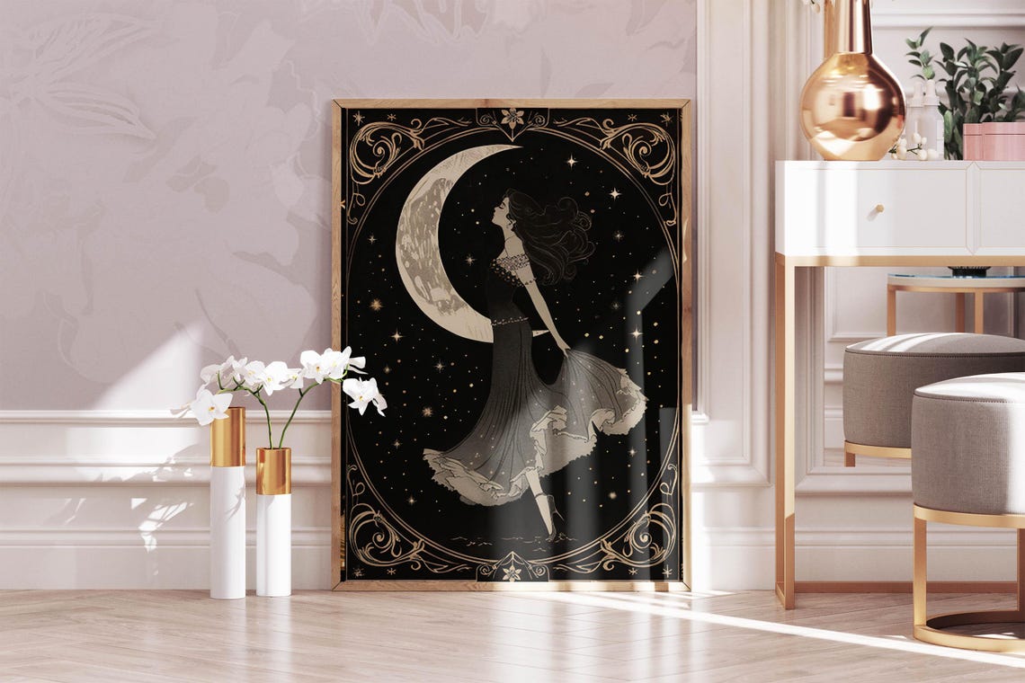 Moon Goddess in Flowing Gown Art Nouveau Crescent Moon Art Poster - Image 4