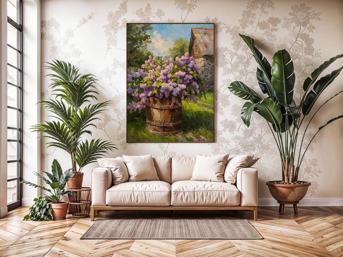 Lilac Blooms in Wooden Barrel by Stone Barn Oil Painting Poster - Image 2