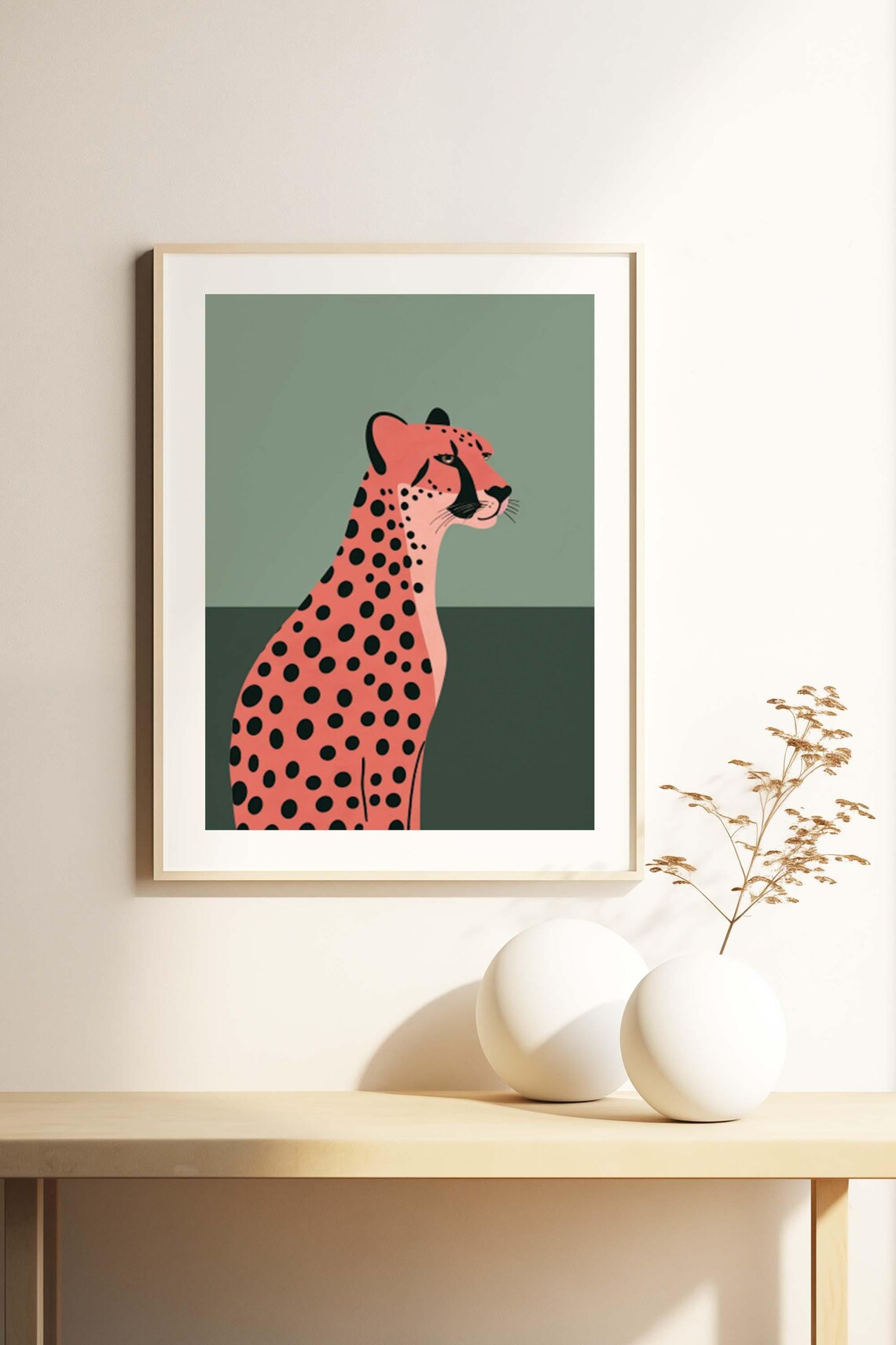Coral Cheetah in Elegant Profile on Sage Green Minimalist Poster - Image 2