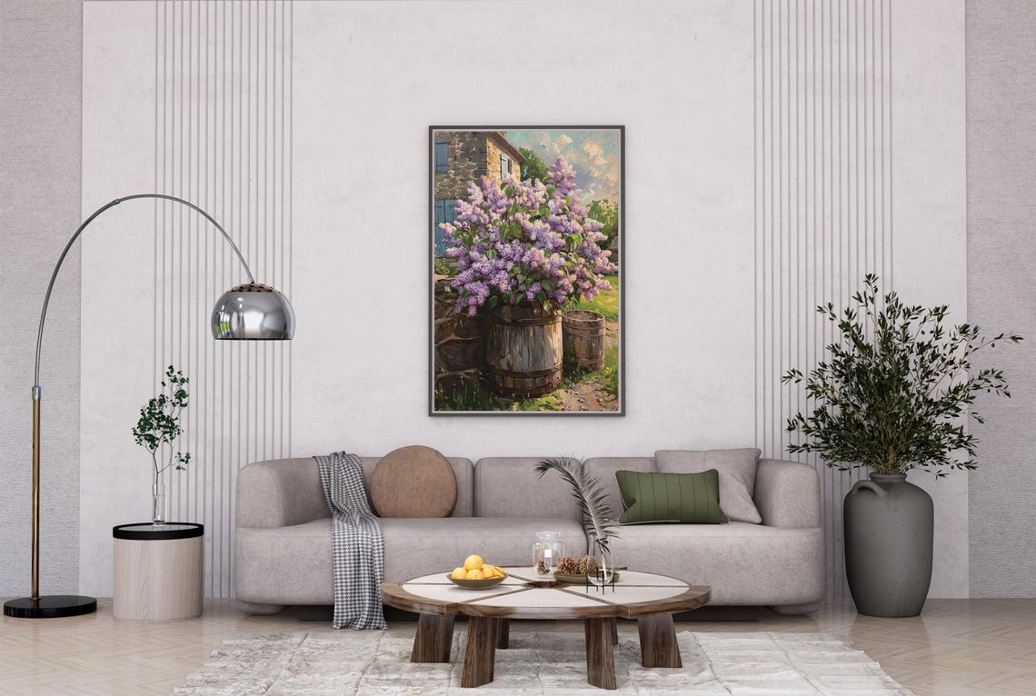 Lilac Bush by Stone House with Blue Shutters Countryside Poster - Image 3