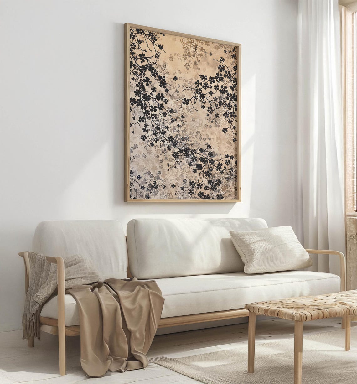 Black Floral Silhouettes on Champagne Botanical Gallery Wall Art - Image 2