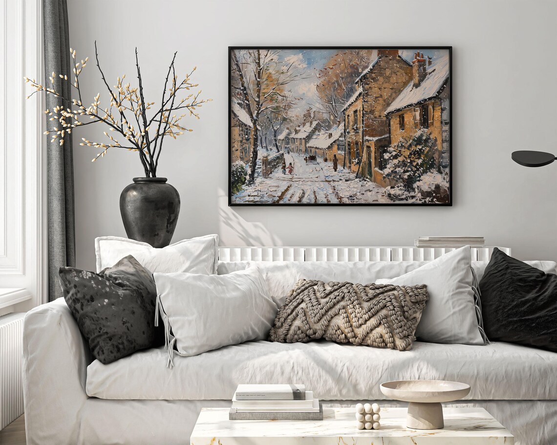 Snowy Village Street with Stone Cottages Impressionist Winter Poster - Image 5