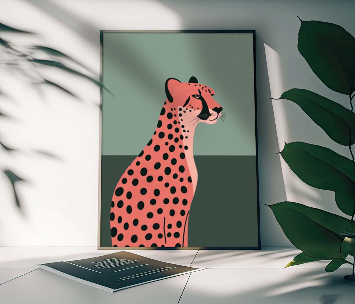 Coral Cheetah in Elegant Profile on Sage Green Minimalist Poster - Image 6