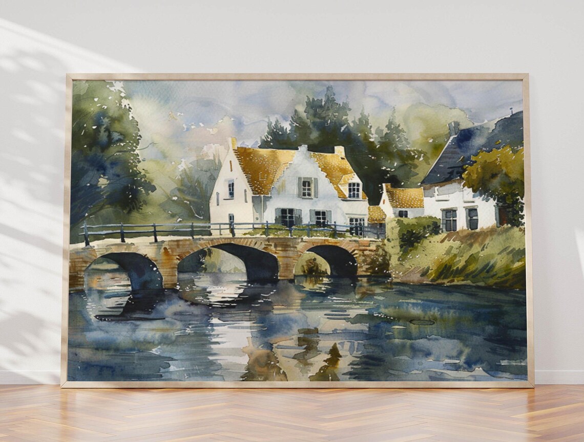 European Canal Village Triple Arch Stone Bridge Watercolor Poster