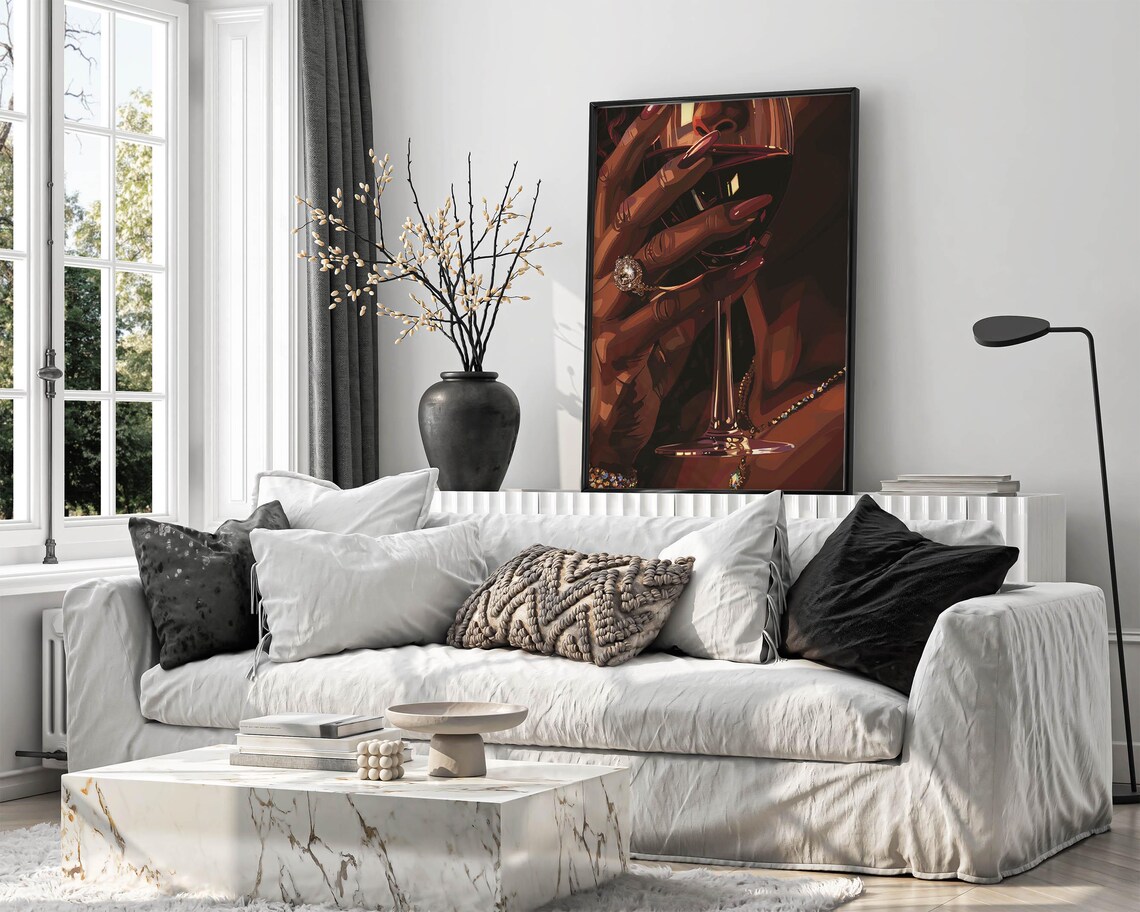 Black Women Wall Art Black Girl Wine Poster African Female Wine Painting African Feminine Rustic Decor Afrocentric Lady Cheers Portrait - Image 3