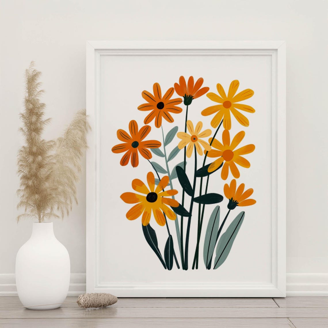 Orange Marigold Daisy Bouquet Modern Floral Illustration Poster