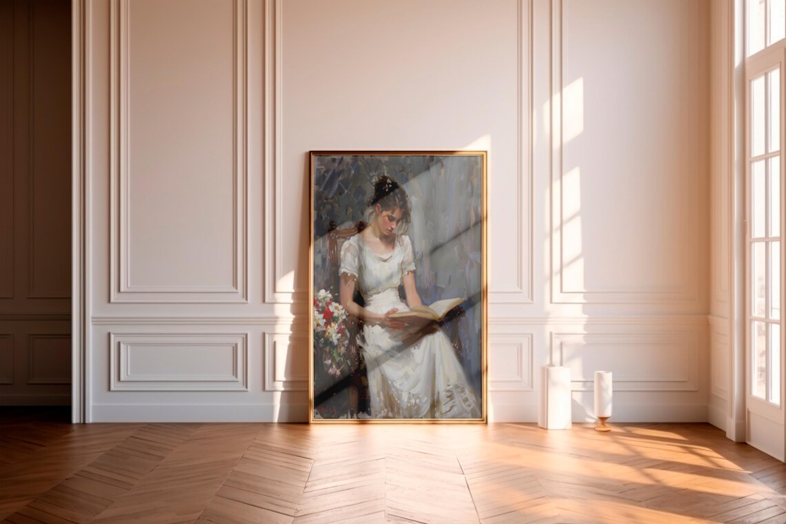 Woman in White Gown Reading a Book Vintage Oil Portrait Poster - Image 2