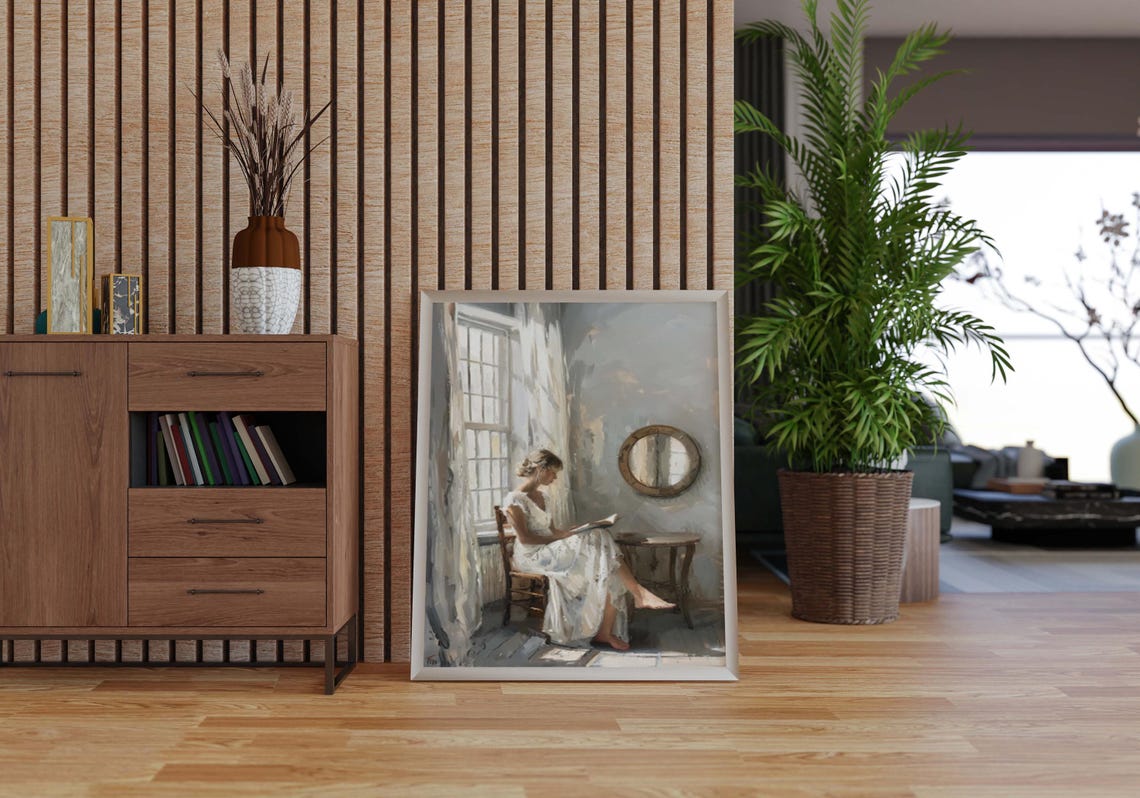 Young Woman Reading Beside a Window with a Round Mirror Vintage Poster - Image 3
