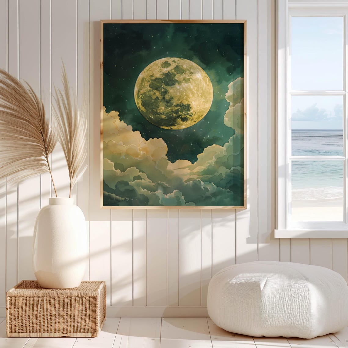 Full Golden Moon Rising Above Cream Clouds Starry Night Poster - Image 5