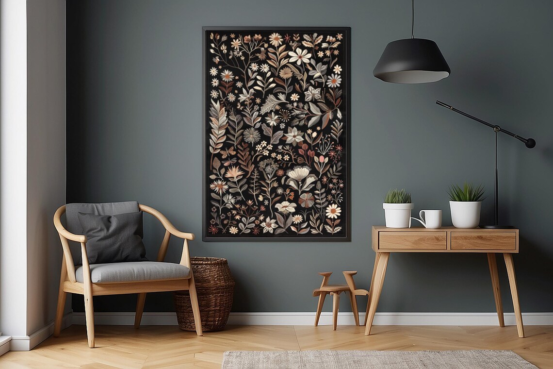 Dark Moody Wildflower Meadow Tapestry on Black Background Poster - Image 4