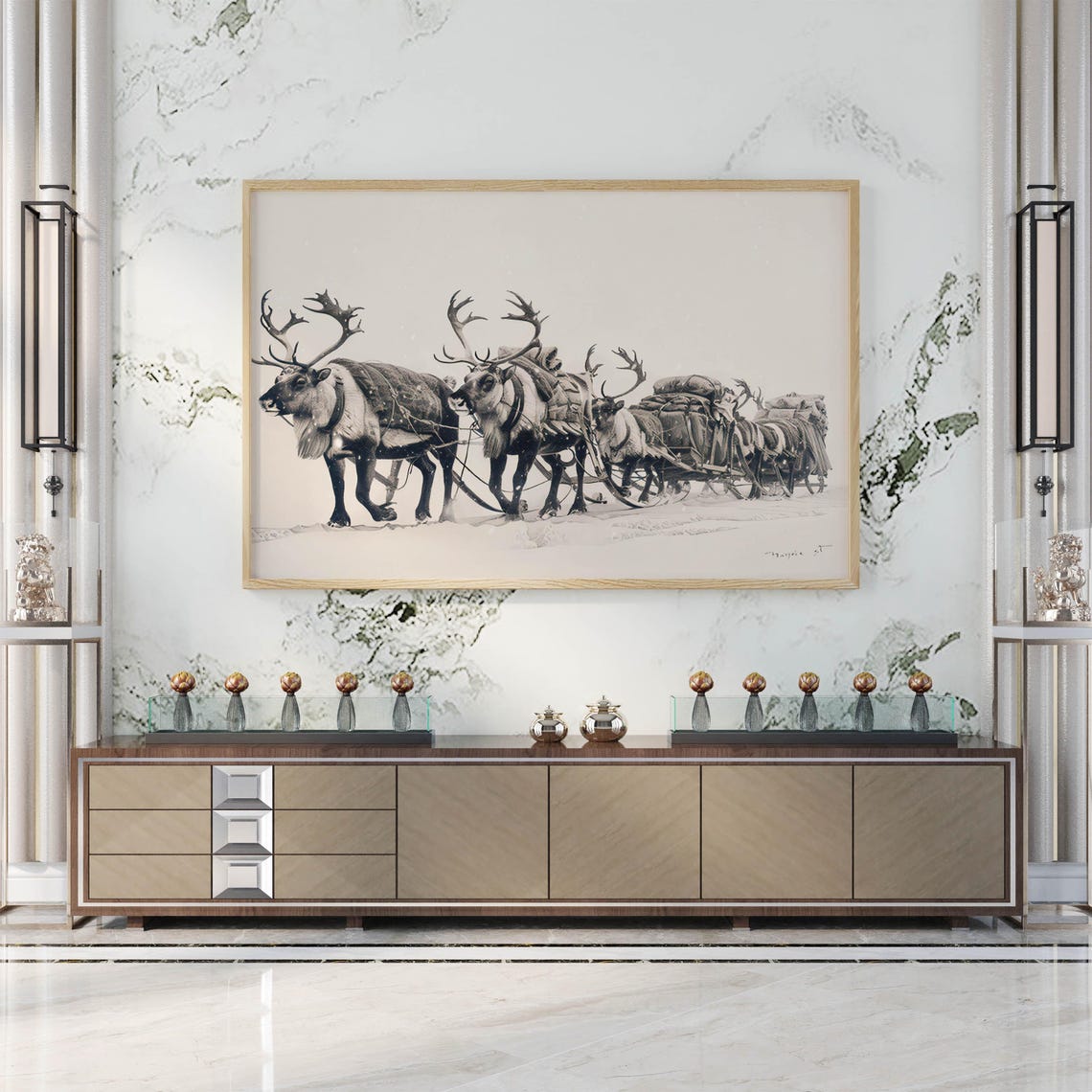 Reindeer Sledge Team Crossing Snowy Wilderness Sketch Art Poster - Image 5