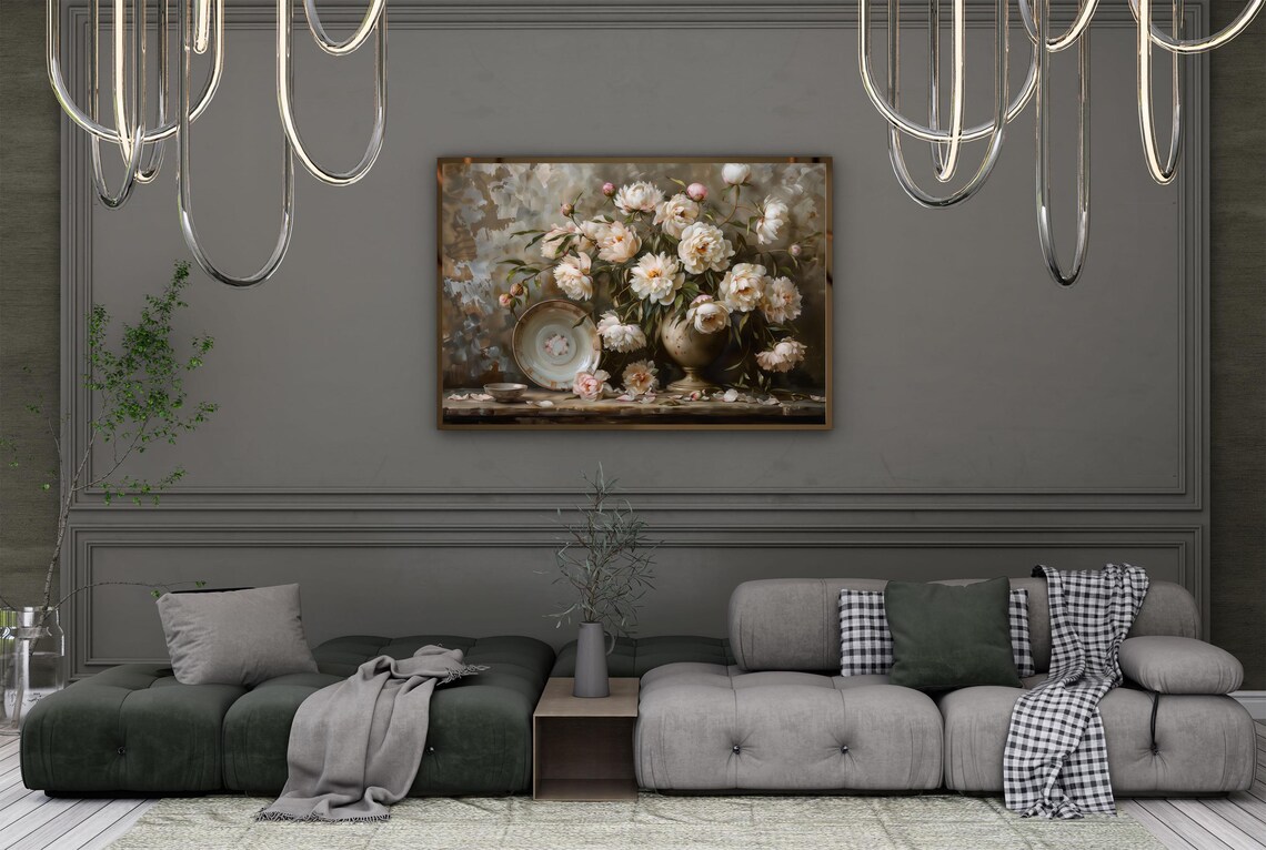 White Rose Bouquet Still Life with Vintage Plate Moody Art Poster - Image 4